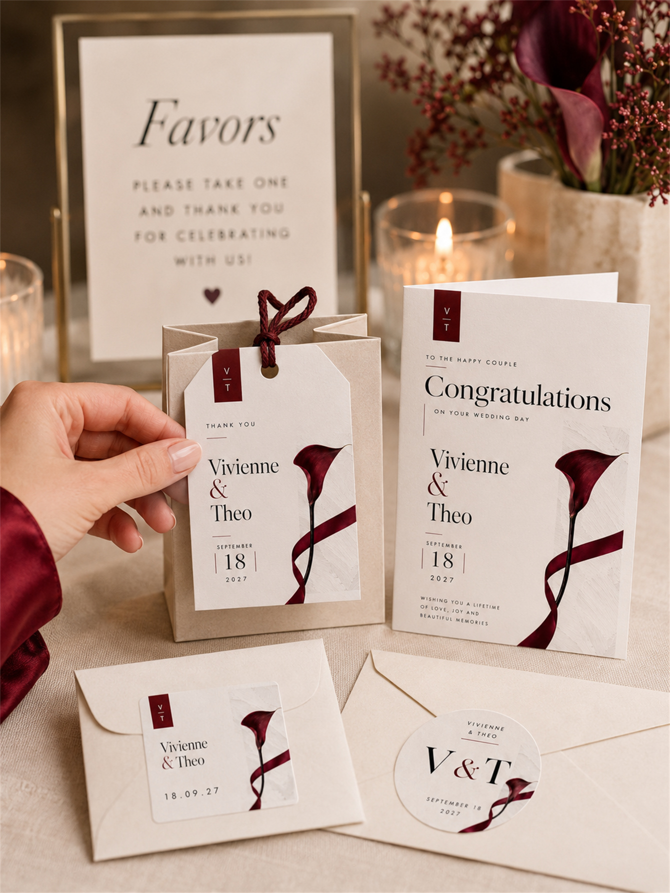Elegant Custom wedding Set - Wine Red Carnation Wedding Series, suitable for ceremony and banquet decoration
